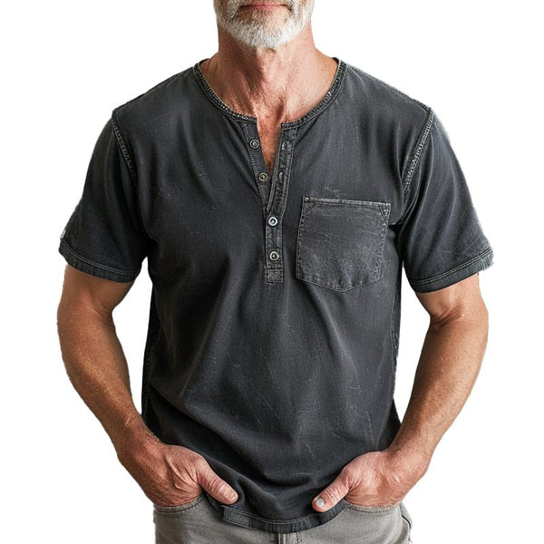 Men's Solid Color Vintage Short Sleeve Henley Shirt 03713666X