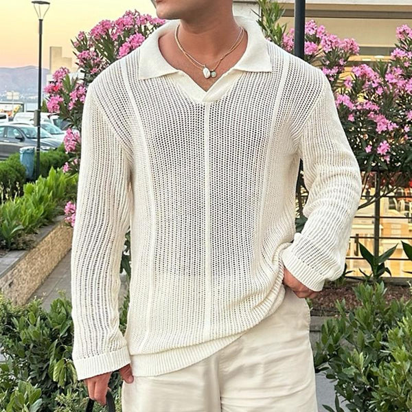 Men's Casual Lapel Hollow Knit Sweater 23381464TO