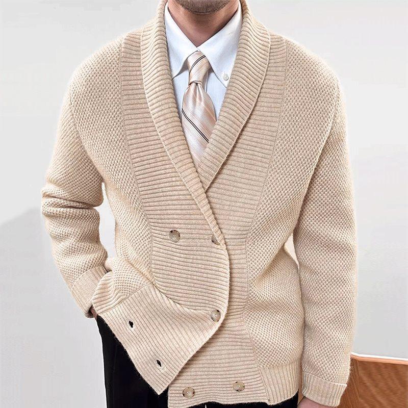 Men's Fashion Solid Color Knit Lapel Double Breasted Casual Cardigan 52300182Z