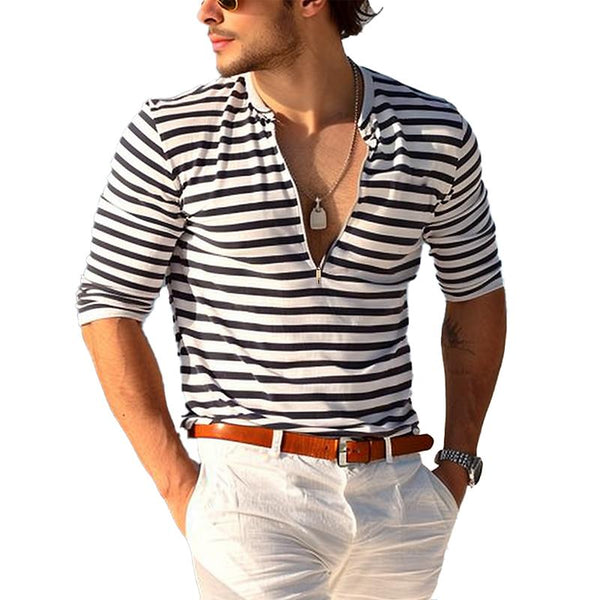 Men's Striped Zip V-Neck Long Sleeve T-Shirt 98844728Y