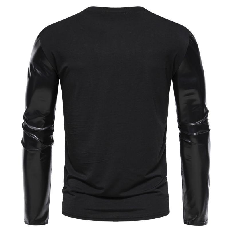 Men's Casual Round Neck Leather Sleeve Long Sleeve T-Shirt 67052634X