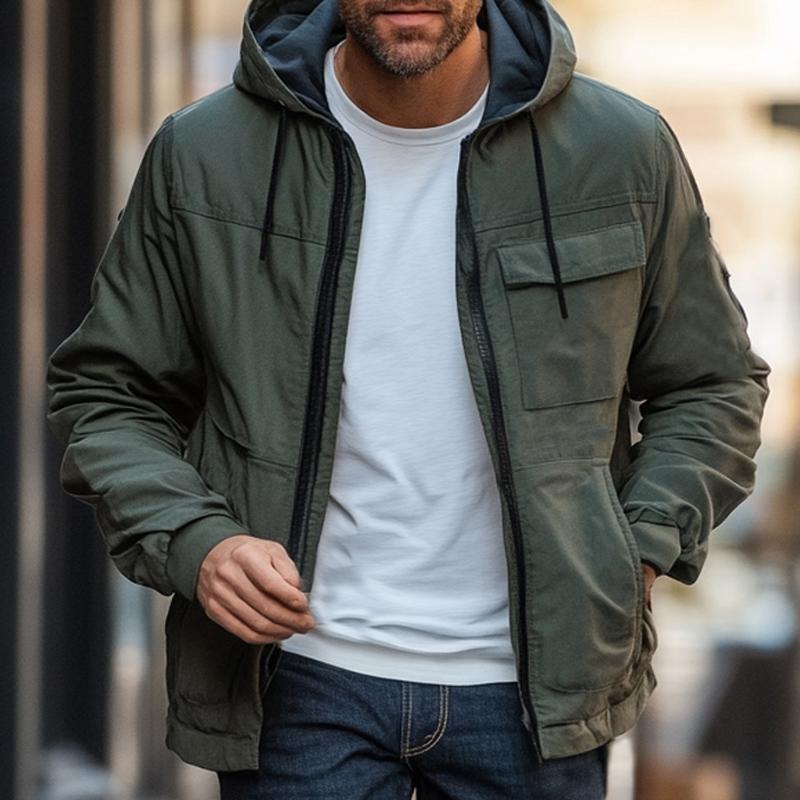 Men's Dark Green Hooded Zip-Up Jacket 95893078U