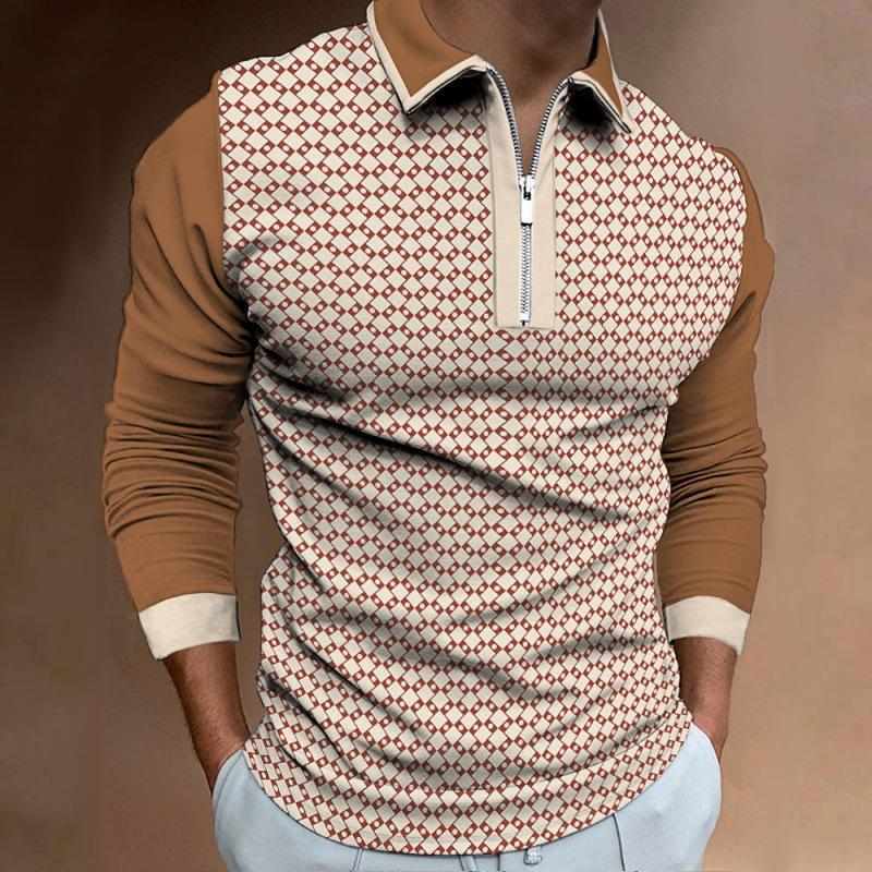 Men's Casual 3D Printed Zipper Long Sleeve POLO Shirt 26835406K