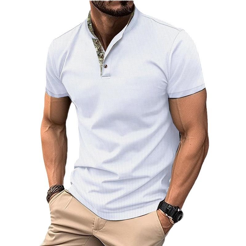 Men's Solid Color Waffle Stand Collar Short Sleeve  Shirt 29674838X