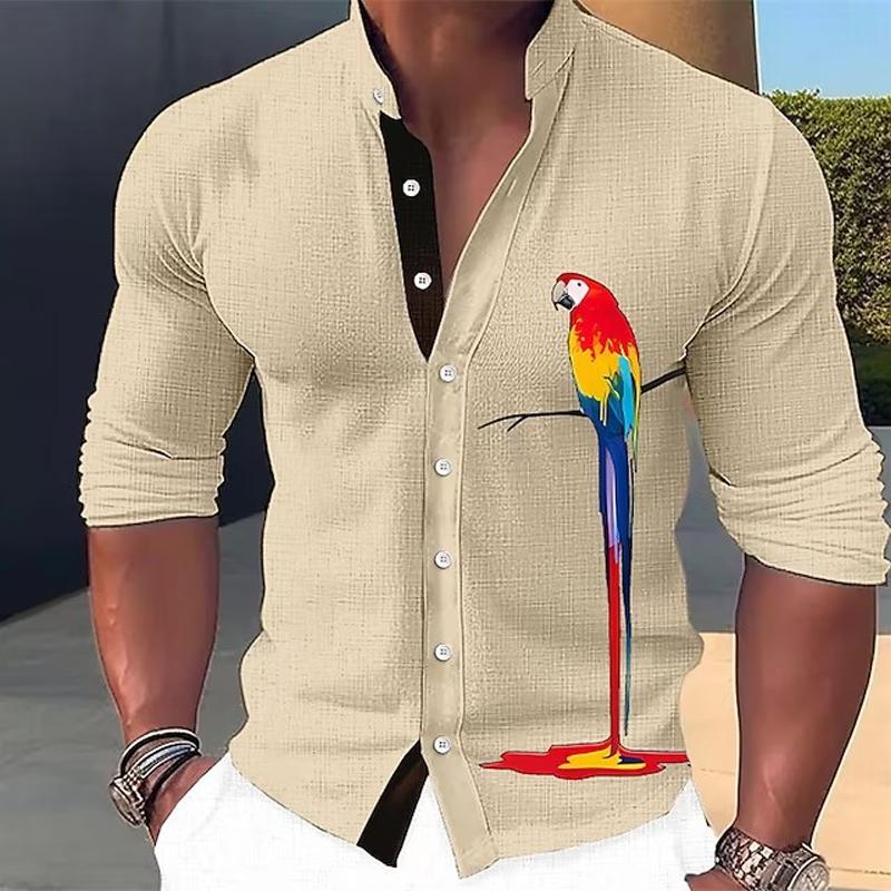 Men's Animal Print Stand Collar Long Sleeve Shirt 94019221X