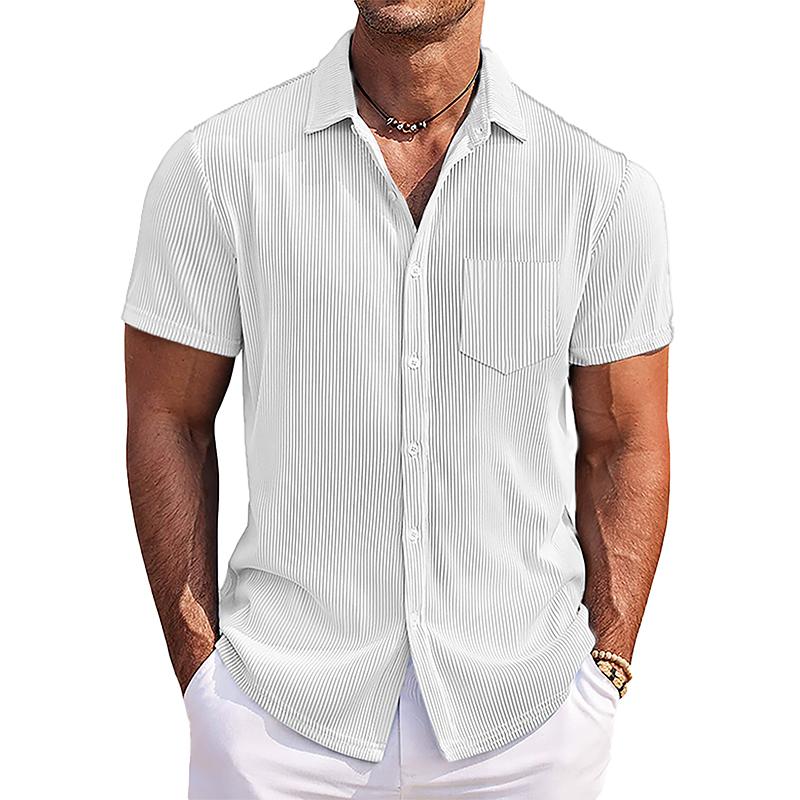 Men's Casual Solid Color Corduroy Lapel Patch Pocket Loose Short Sleeve Shirt 50830940M