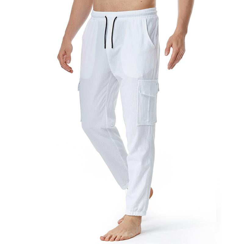 Men's Casual Solid Color Cotton Linen Multi Pocket Trousers 19617055Y