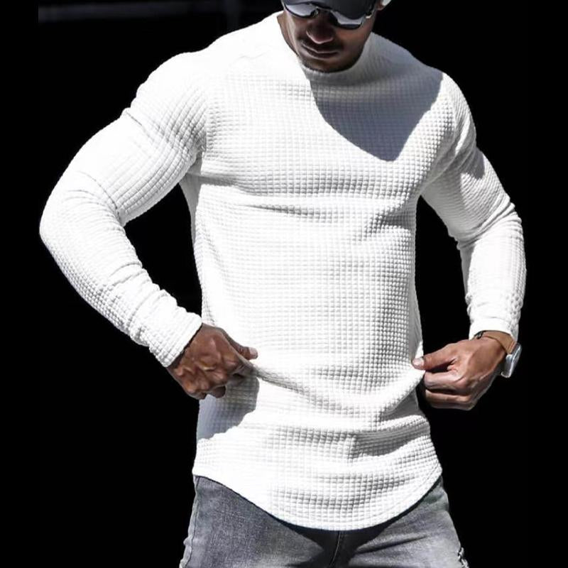 Men's Casual Solid Color Waffle Round Neck Long Sleeve T-Shirt 26370676Y