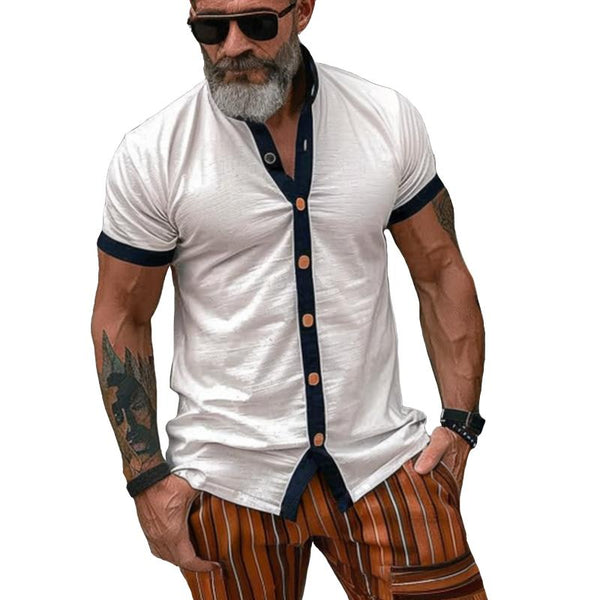 Men's Vintage Patchwork Stand Collar Short-sleeved T-shirt 33072690TO