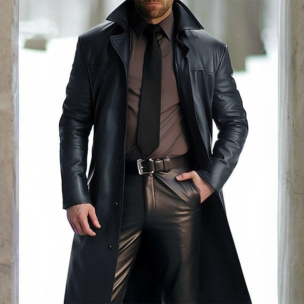 Men's Vintage Solid Color Mid-Length Lapel Leather Coat 01327884Y