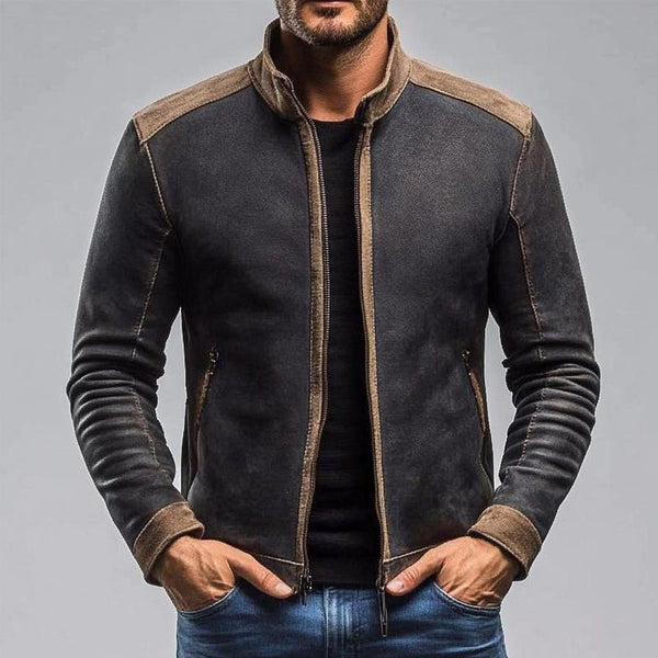 Men's Vintage Suede Colorblock Stand Collar Zip-Up Jacket 90720025X