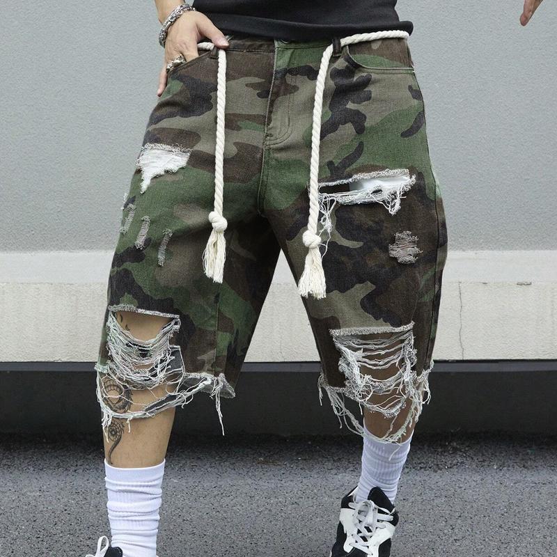 【24-hour shipping】Men's Camouflage Washed Ripped Cropped Trousers 18579912Y