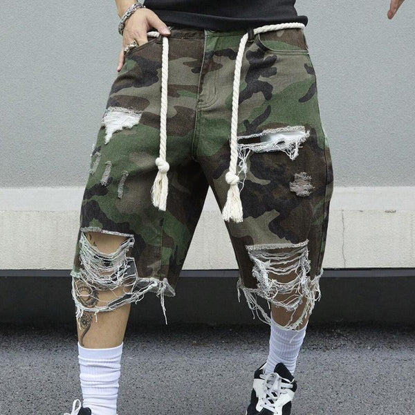 Men's Camouflage Washed Ripped Cropped Trousers 18579912Y