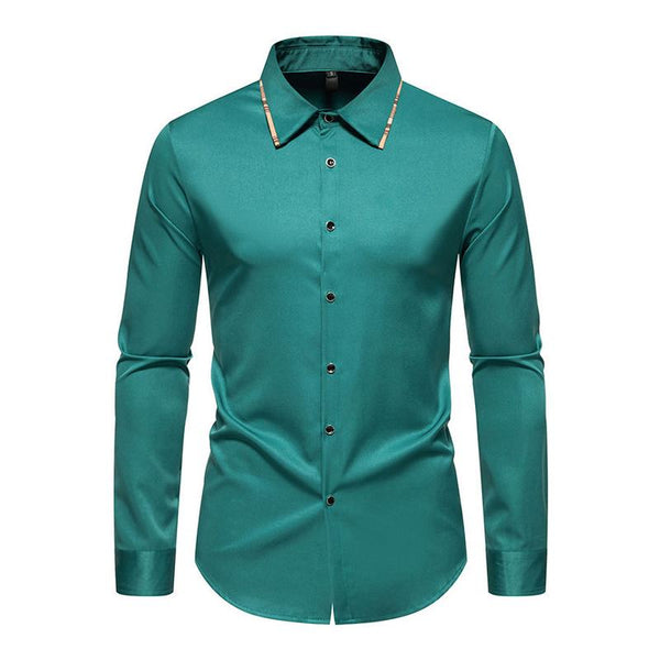 Men's Casual Plaid Color Block Slim Fit Lapel Long Sleeve Shirt 29516263M