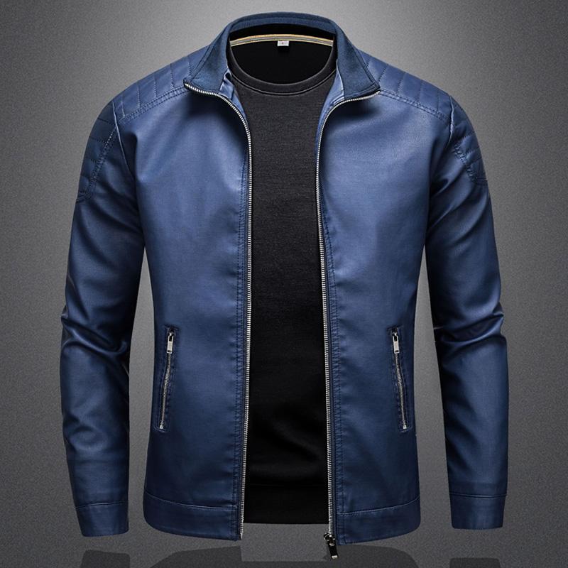 Men's Biker Collar Zip-Up Leather Jacket 43886228X