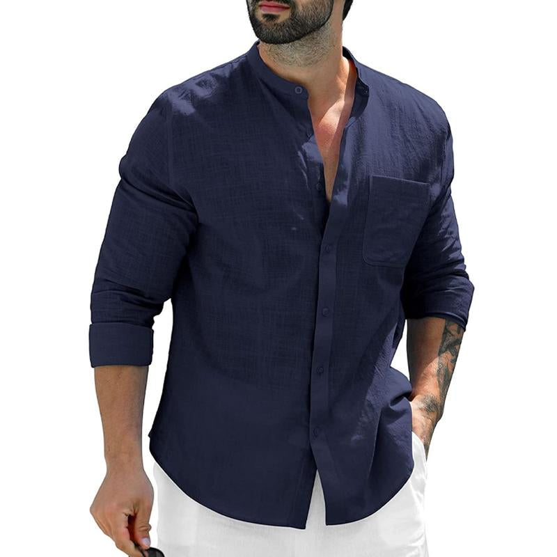 Men's Casual Linen Solid Color Stand Collar Breast Pocket Long Sleeve Shirt 45246800Y