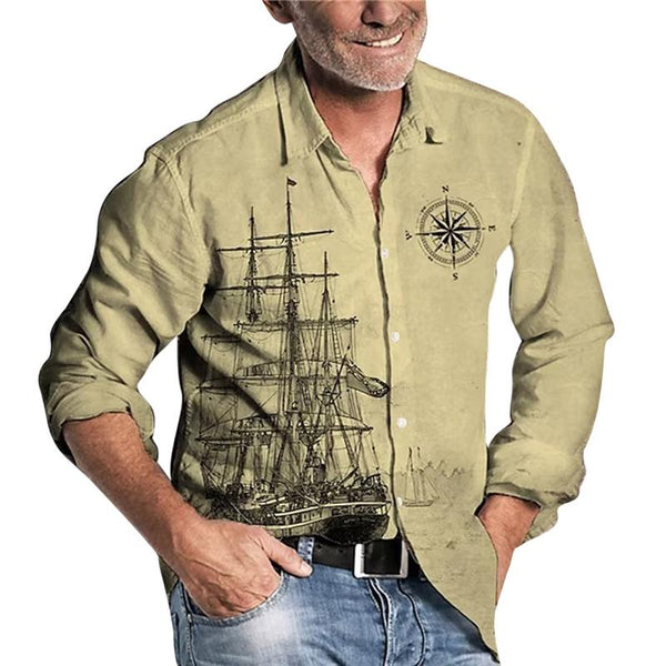Men's Nautical Boat Print Long Sleeve Lapel Shirt 25030056X