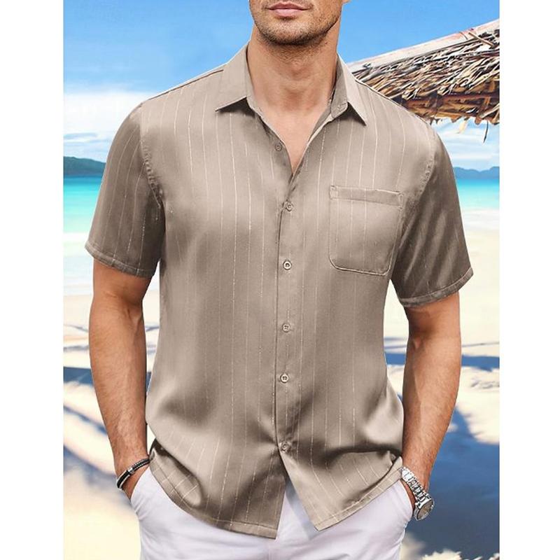 Men's Striped Satin Lapel Chest Pocket Short Sleeve Shirt 98951505Y