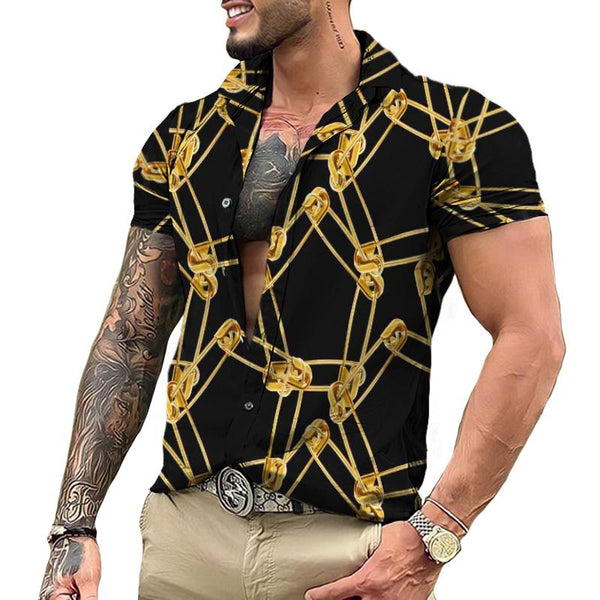 Men's Vintage Metal Pin Color Block Short Sleeve Shirt 83169928TO