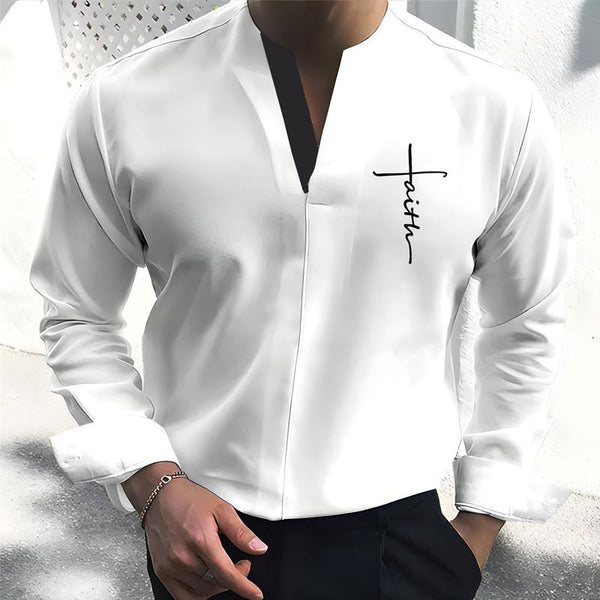 Men'S Casual Letter Print V-Neck Long-Sleeved Shirt 35500504Y