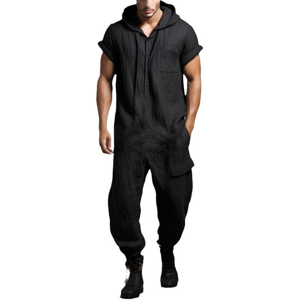 Men's Vintage Solid Color Hooded Loose Short Sleeve Jumpsuit 39606335Y