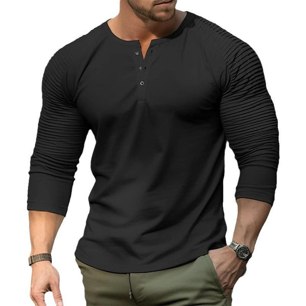 Men's Casual Solid Color Round Neck Slim Pleated Long Sleeve T-Shirt 72308906M