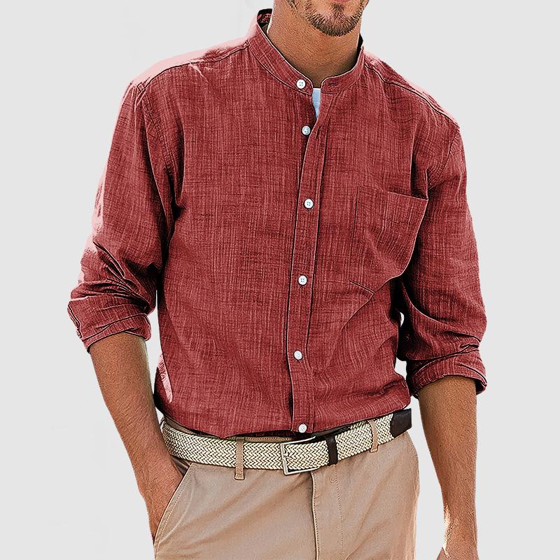 Men's Solid Stand Collar Breast Pocket Long Sleeve Shirt 45898373Z