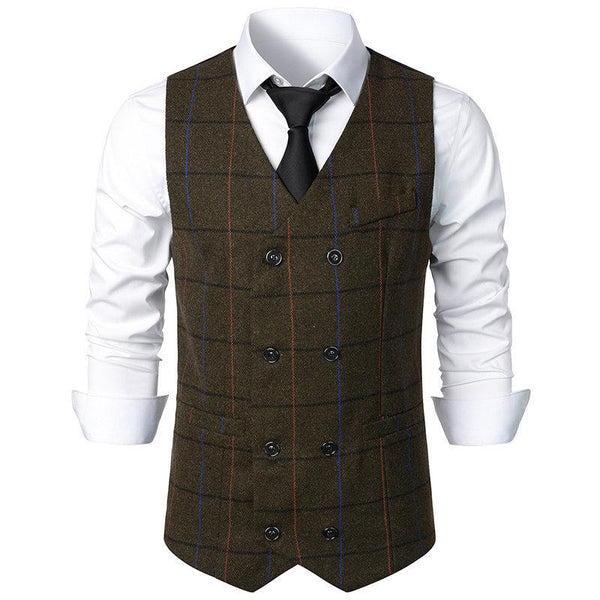 Men's Vintage Plaid V Neck Double Breasted Suit Vest 70463888Z