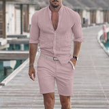 Men's Casual Solid Color Printed Long Sleeve Shirt Shorts Set 15302869Y