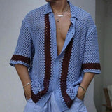 Men's Retro Contrasting Lapel Hollow Knitted Short-Sleeved Cardigan 22505624M