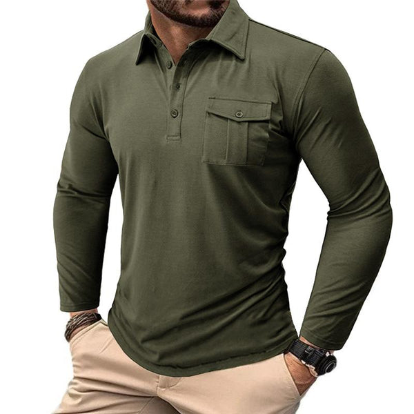 Men's Casual Solid Color Lapel Long Sleeve Slim Polo Shirt 78910215M