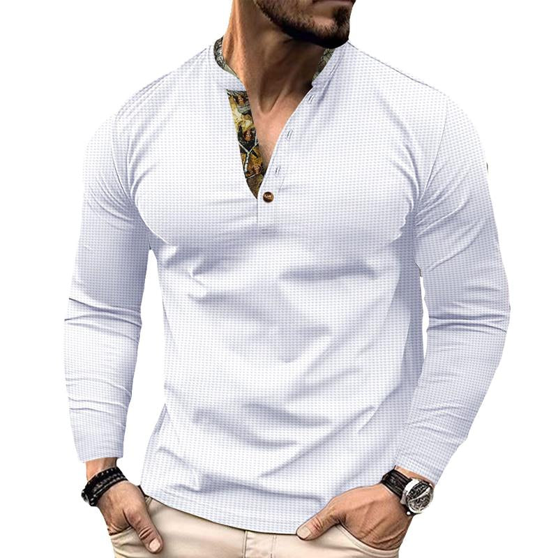 Men's Casual Waffle Color Block Stand Collar Long Sleeve Polo Shirt 37805828Y