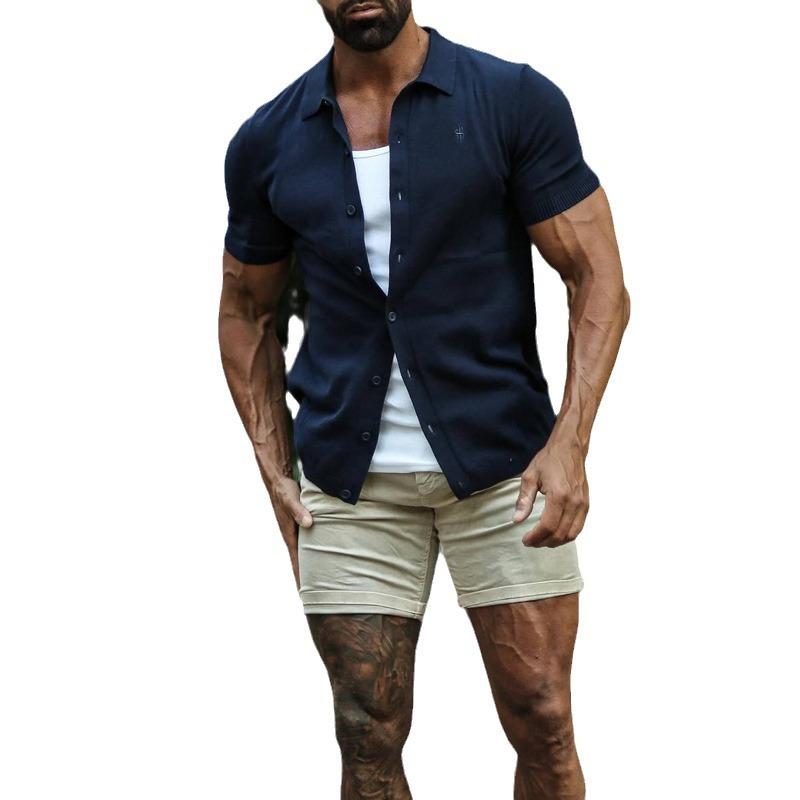 Men's Solid Color Breathable Lapel Short Sleeve Shirt 45019182X