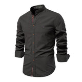 Men's Casual Cotton Linen Blended Stand Collar Slim Long Sleeve Shirt 21204965M