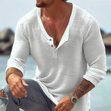 Men's Casual Cotton Linen U Neck Long-Sleeved T-Shirt 92358906M