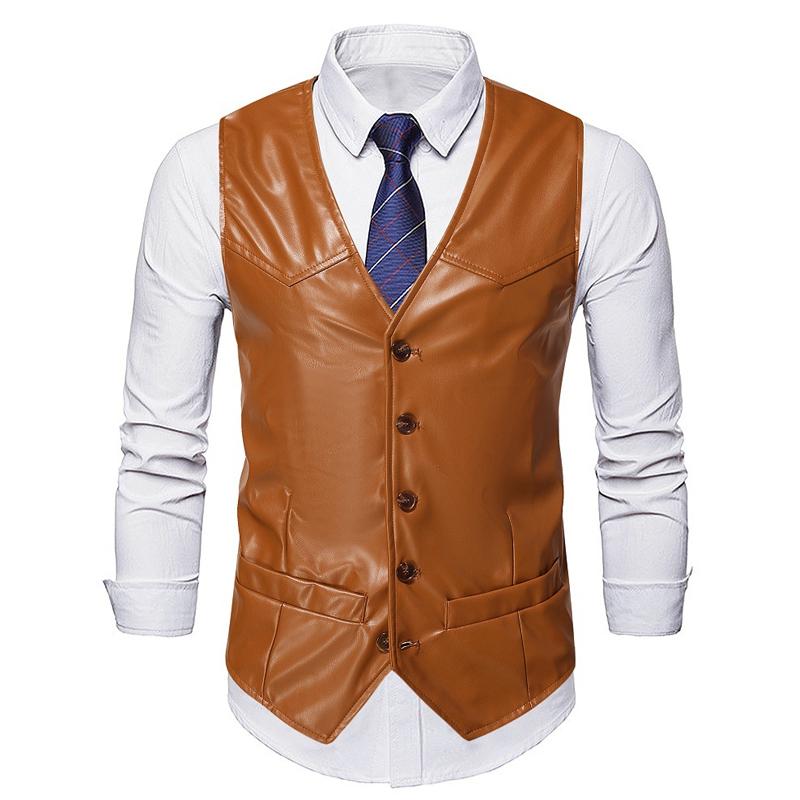 Men's Vintage Solid Color Collarless Leather Vest 58383173Y