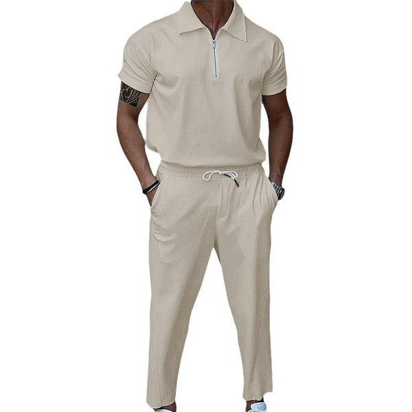 Men's Solid Lapel Short Sleeve Polo Shirt Trousers Casual Set 00339778Z