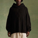 Men's Vintage Jacquard Loose Hooded Knitted Pullover Sweater 32473843M