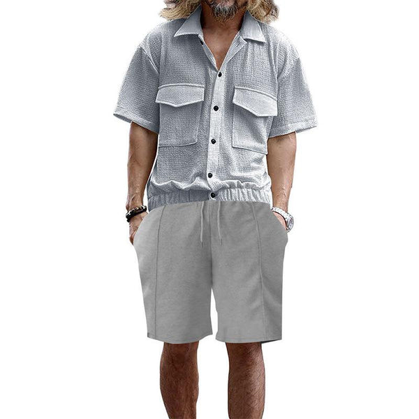 Men's Solid Color Lapel Shirt Shorts Set 62332234Y