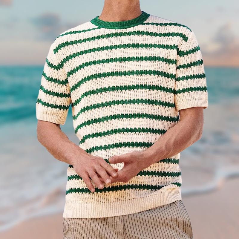Men's Casual Striped Color Block Crew Neck Short-Sleeved Knitwear Sweater 73182556M
