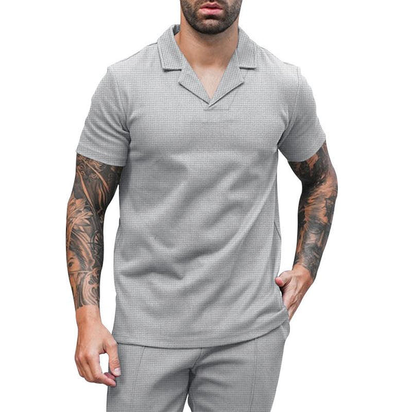 Men's Solid Color Waffle Cuban Collar Short Sleeve Polo Shirt 79064105Y