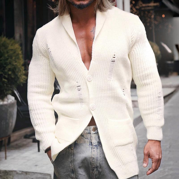 Men's Retro Casual Solid Color Ripped Lapel Sweater Cardigan 50299364TO