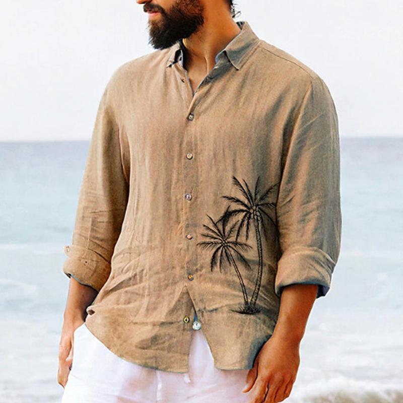 Men's Palm Tree Print Beach Vacation Lapel Long Sleeve Shirt 85345190X