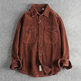 Men's Vintage Cargo Corduroy Double Breast Pocket Long Sleeve Overshirt 42250598Y