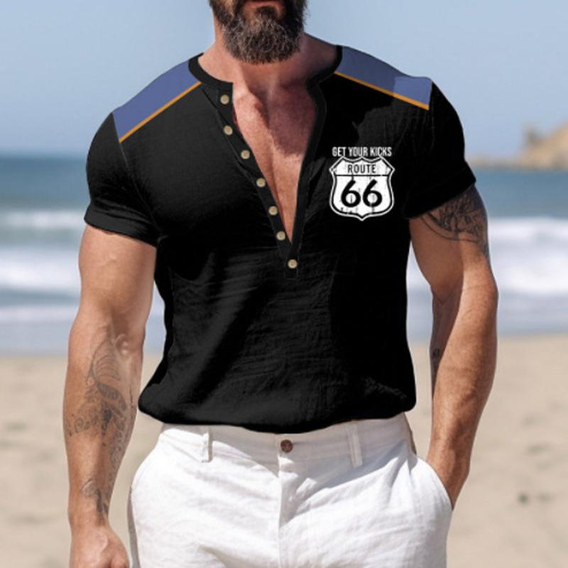 Men's Vintage Print 7 Button Henley Pullover Short Sleeve T-Shirt 42274593X