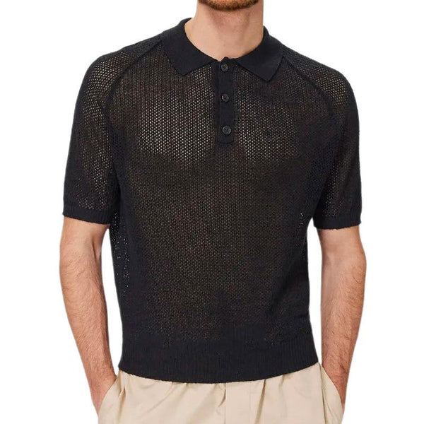 Men's Solid Color Hollow Out Lapel Short Sleeve Polo Shirt 95464544Z
