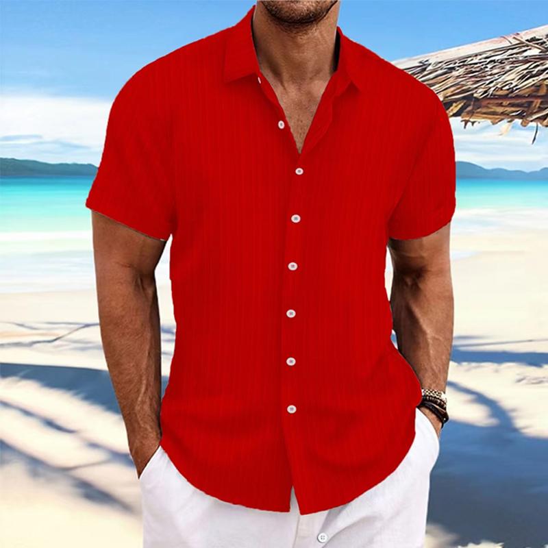 Men's Cotton Linen Stripe Print Loose Short Sleeve Lapel Shirt 89995369X