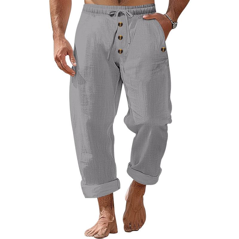 Pantalon de plage uni en coton et lin avec cordon de serrage pour homme 80434182Y