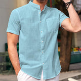 Men's Casual Stand Collar Cotton Linen Single-Breasted Short-Sleeved Shirt 61968373M