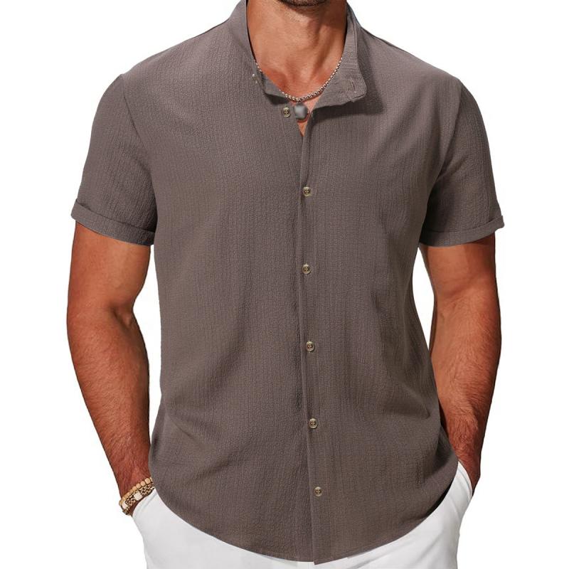 Men's Casual Cotton Linen Stand Collar Single Breasted Short Sleeve Shirt 19700465M